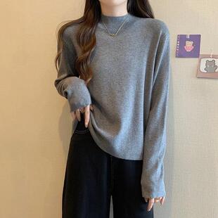 诺熙言灰色半高领针织衫女秋季新款宽松显瘦慵懒软糯打底衫上衣.