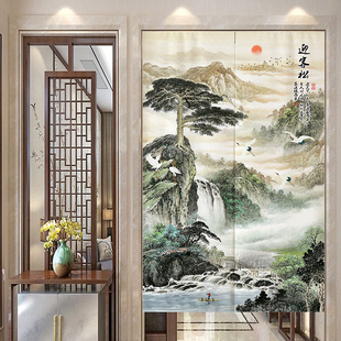 中式山水画 画迎客松门帘隔断窗玄关过道装饰挂帘厨房化妆室遮挡