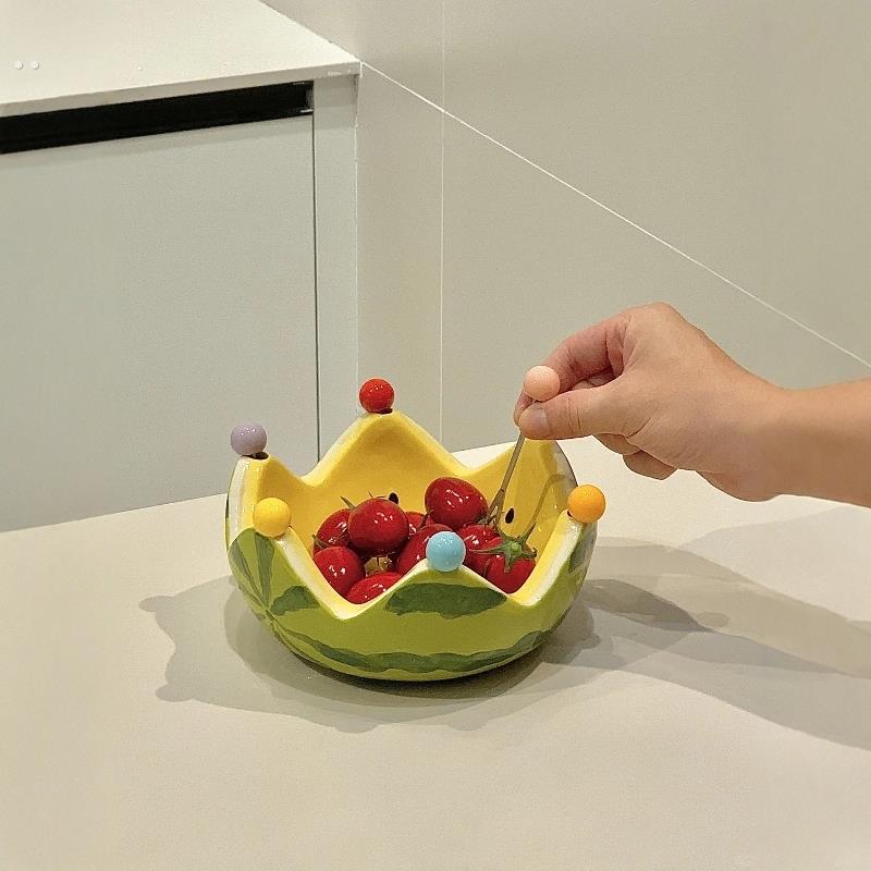 西瓜果盘水果叉一物两用客厅茶几水果沙拉碗创意陶瓷果叉罐装饰品