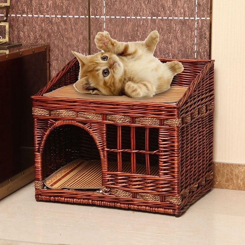 无藤编猫笼竹猫窝封闭式安全感编编筐猫窝手藤工织猫窝猫别墅通编