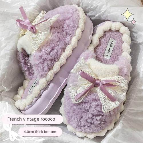 2025新款冬季棉拖鞋毛绒女士室内家居加厚底防滑蝴蝶结保暖毛毛鞋