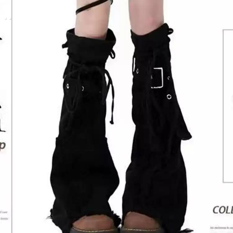 y2k辣妹黑色牛仔腿套显瘦抽绳堆堆袜十字架设计感靴套喇叭袜套潮