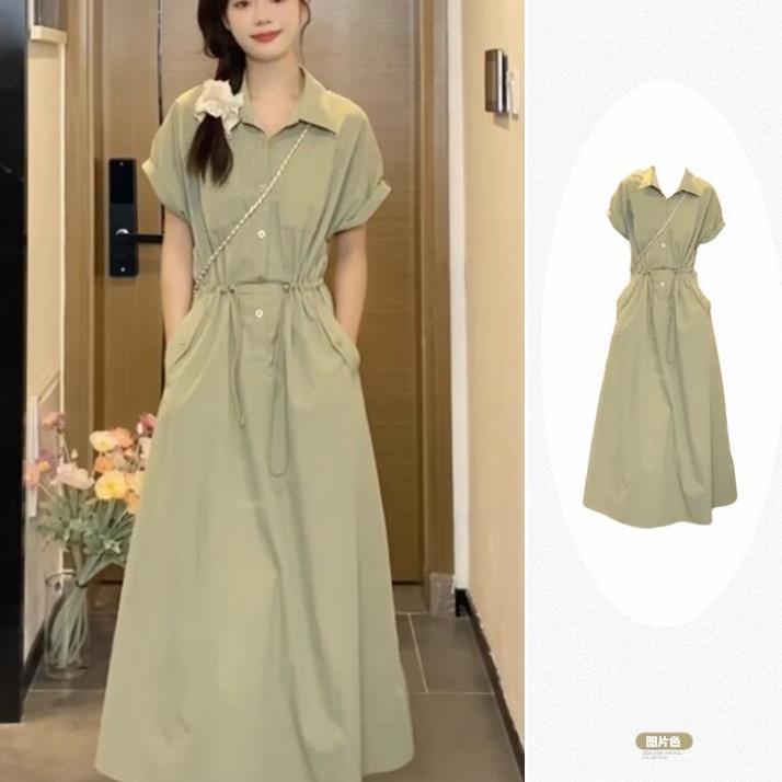 韩系简单大方绿色衬衫连衣裙女夏季休闲收腰显瘦气质松弛感长裙子