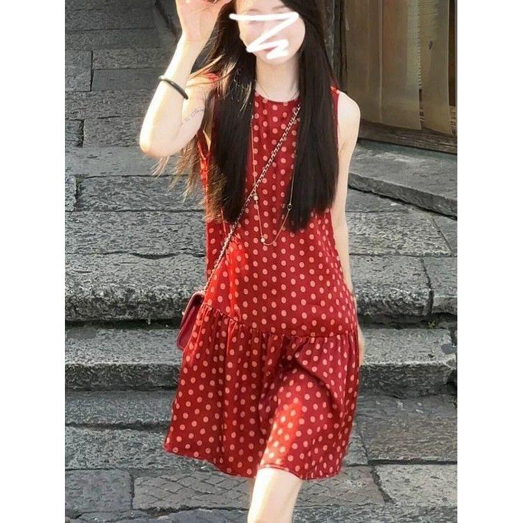 法式复古红色无袖波点背心连衣裙女夏2026新款小个子绝美穿搭短裙