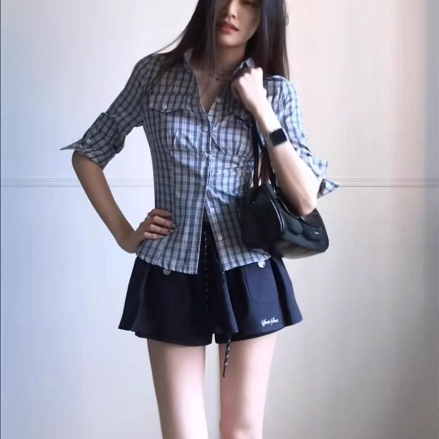 韩系复古格子衬衫套装女夏季修身掐腰短款短袖上衣半身裙两件套