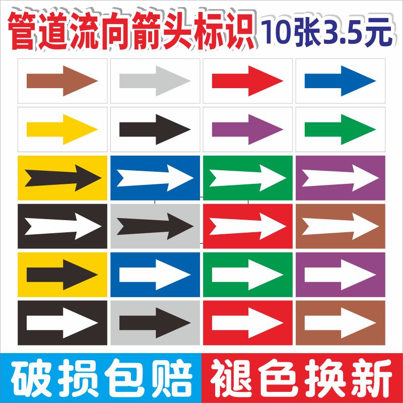 管道介质流向标识贴箭头标签贴纸不干胶贴管路方向指示贴箭头方向通用标示贴国标流向箭头进水回水压缩空气