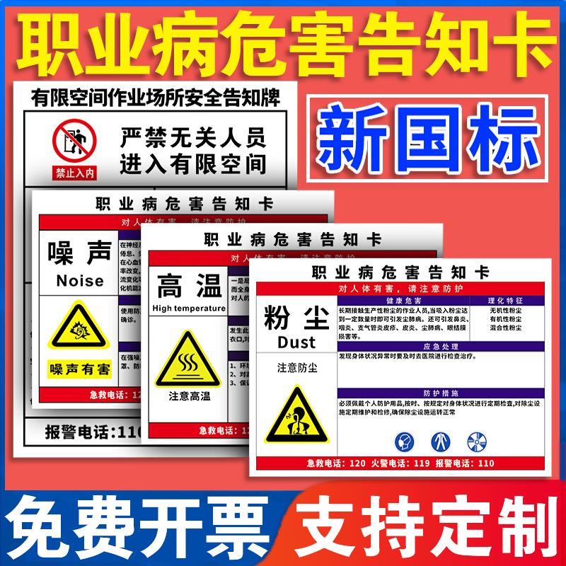 职业病危害告知牌卡粉尘噪声高温卫生警示告知卡安全标识危险化学品公告栏噪音有害油漆有限空间周知卡标志