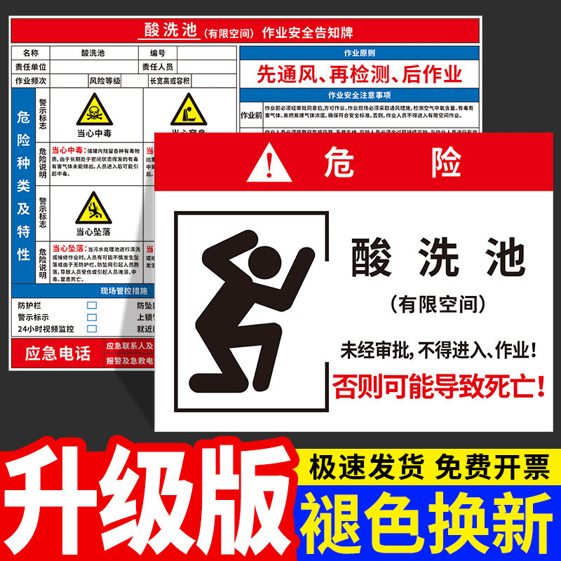 酸洗池有限空间警示标识牌污水井废气处理塔消防水池金属表面处理池储罐化粪池除尘器施工作业安全风险告知牌图片