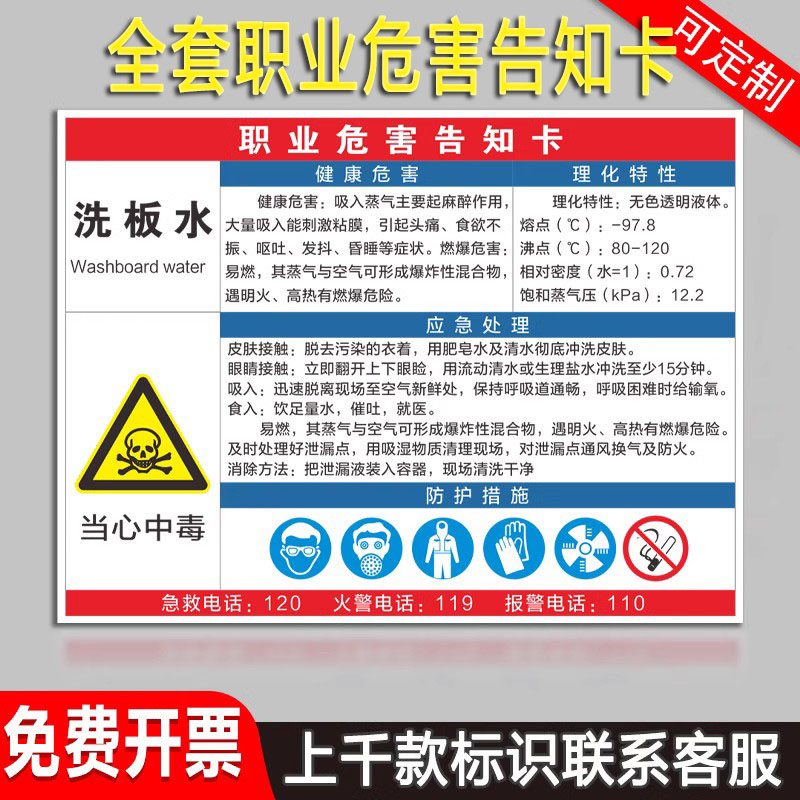 洗板水 职业危害告知牌卡 危险化学品安全周知卡 易燃易爆腐蚀中毒危险品标识标志警示牌标示提示标牌定制