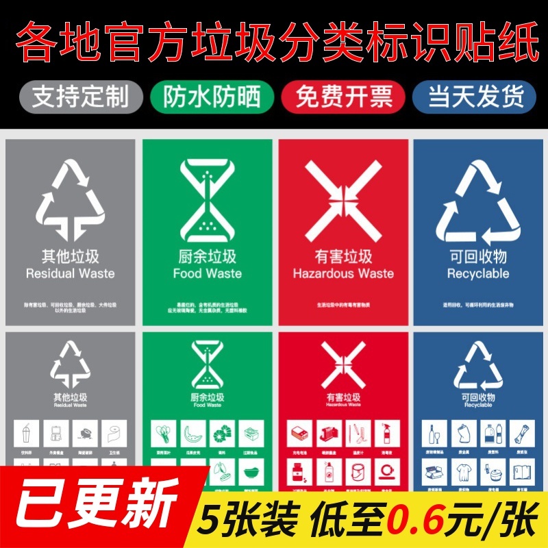 垃圾分类标识贴纸垃圾桶不可其他易腐有害厨余干湿国标北京上海浙江深圳广东垃圾宣传标语贴纸户外防雨