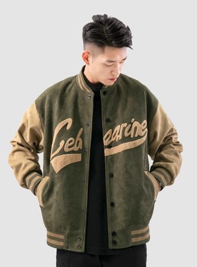 NINPURE 加绒加厚麂皮立领防风运动棒球服男潮牌日系宽松复古夹克