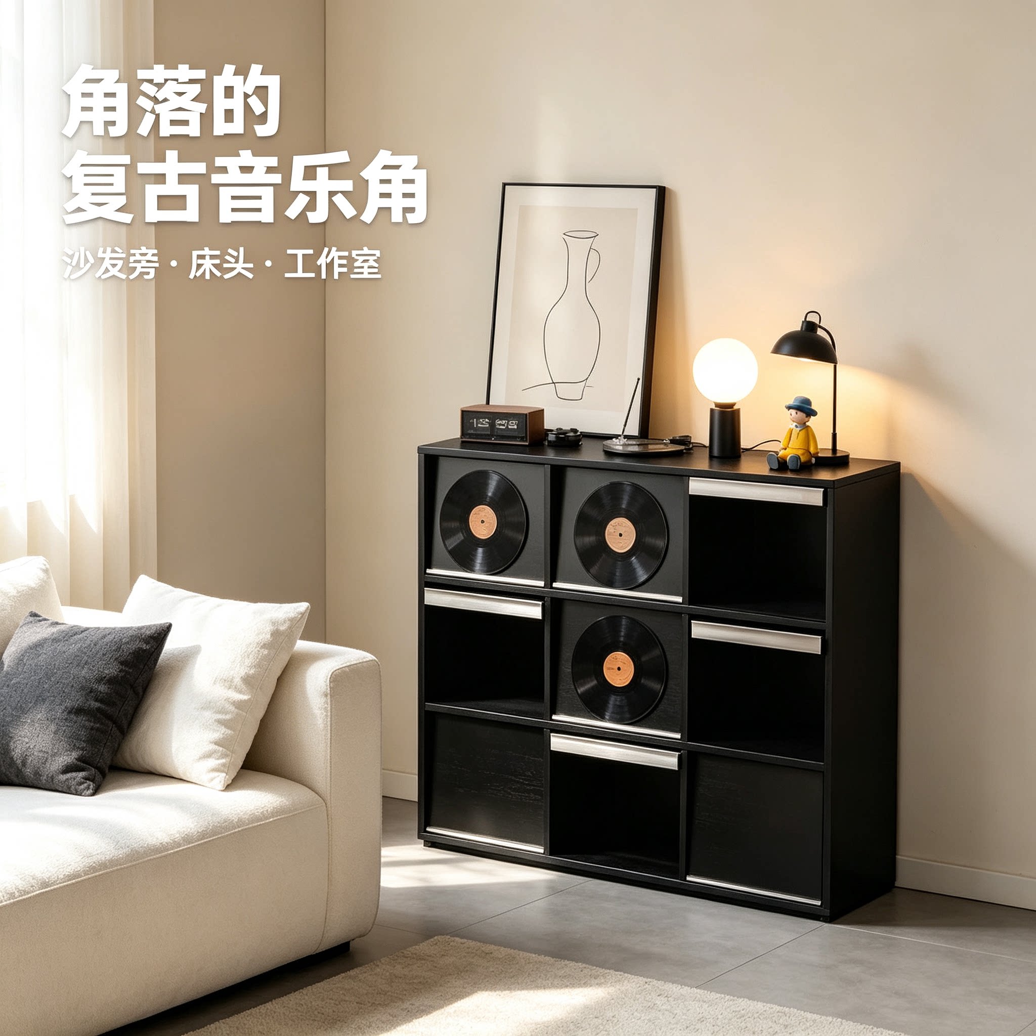 复古音乐角书柜客厅品质奢华铝合金拉手做旧收纳柜