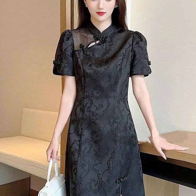 9301复古盘扣蕾丝国风改良旗袍中式中款连衣裙子2025短袖新款女装