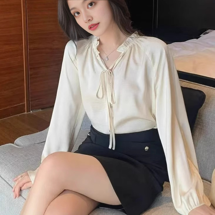 新中式雪纺衬衫女春夏2025新款气质高级感长袖小个子系带宽松上衣