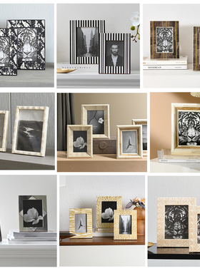 现代轻奢风黑白线条牛骨相框创意装饰家居摆饰样板间桌面饰品摆台