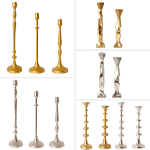 简约手工锤纹银色烛台装饰品轻奢复古金罗马烛台异形高脚铝制烛台