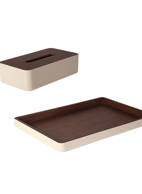 现代轻奢客厅实木皮革纸巾盒摆件