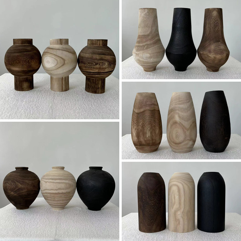 现代简约木制工艺品复古实木花瓶装饰摆件客厅茶室桌面插干花花器