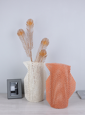 田园风网状镂空简约黑白橙色金属花器创意花瓶客厅餐桌干花插摆件