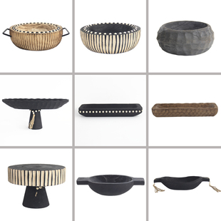 侘寂风实木质黑白托盘碳化黑色高脚果盘长盘桌面收纳碗装 饰品摆件