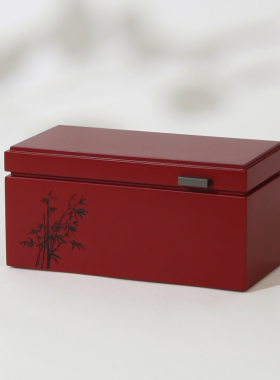 东方古韵竹影图案红色首饰盒摆件