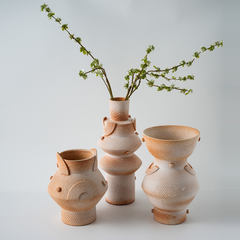 侘寂中古风渐变色陶瓷花瓶摆件家居样板间软装饰品陶瓷罐花器摆设