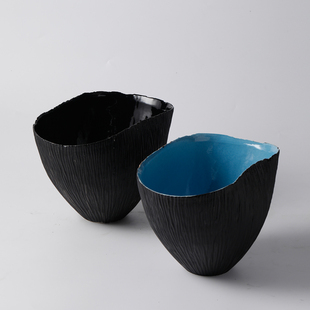 现代极简约大口径花盆纯黑色陶瓷花器摆件样板房玄关软装 饰品摆设