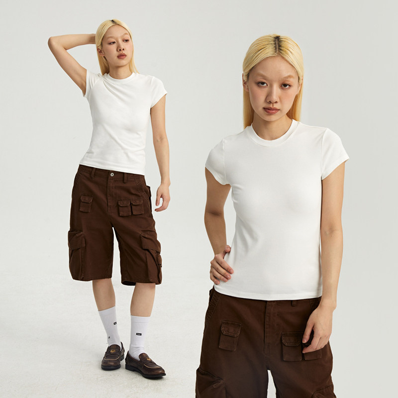 Oneup弹力修身白色短袖t恤女夏美式正肩简约透气休闲运动上衣百搭