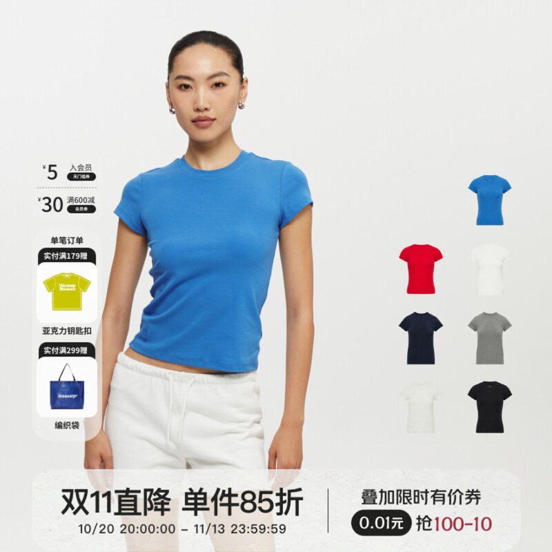Oneup基础弹力短袖t恤女款美式正肩修身上衣简约纯色休闲运动内搭