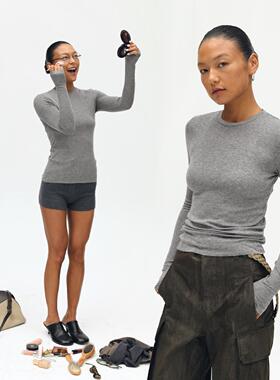 Oneup羊毛打底衫修身长袖t恤春秋针织衫内搭女高级感高知上衣百搭