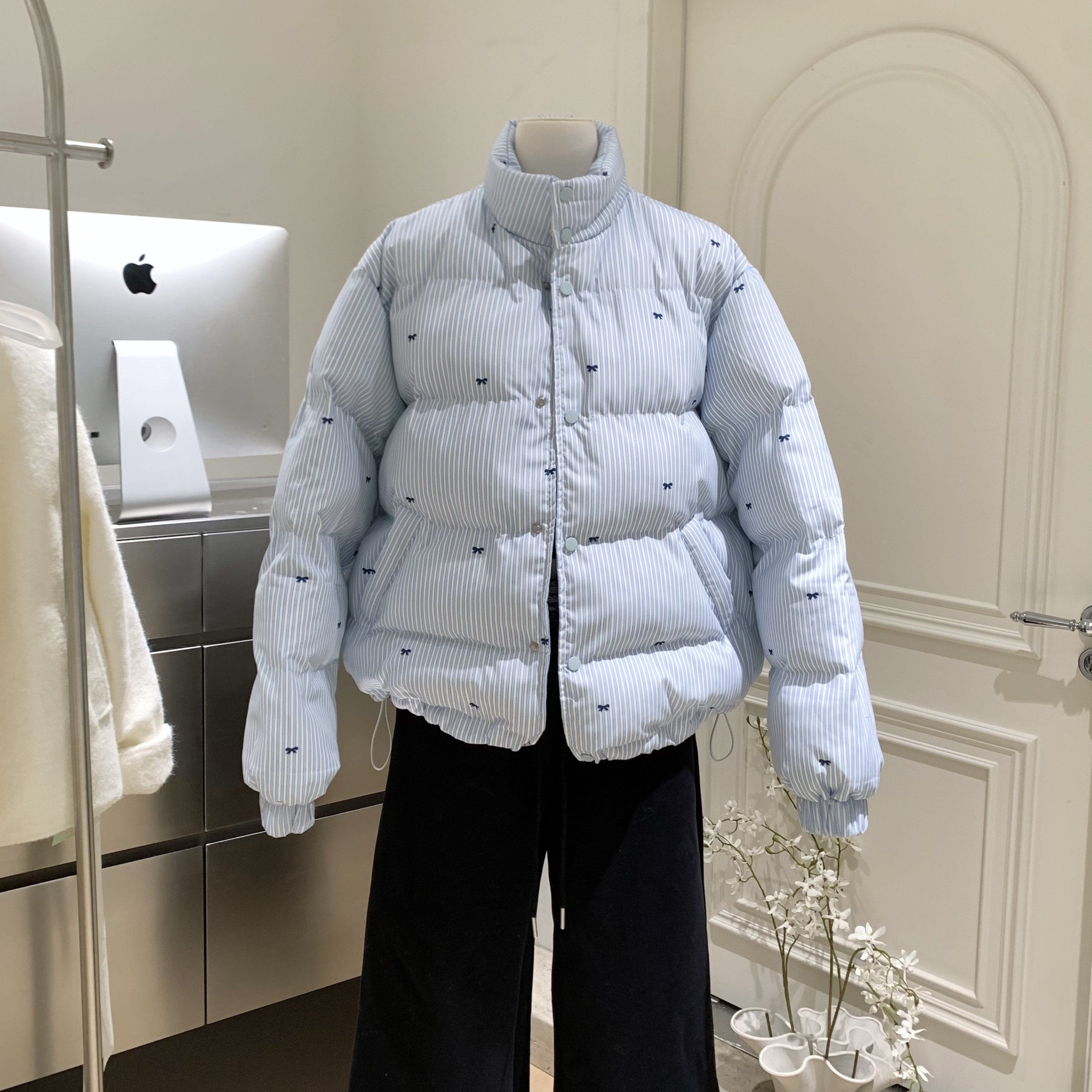 NEXTDAWN 蝶舞纷飞 条纹蝴蝶结棉服外套冬季加绒加厚保暖棉衣女