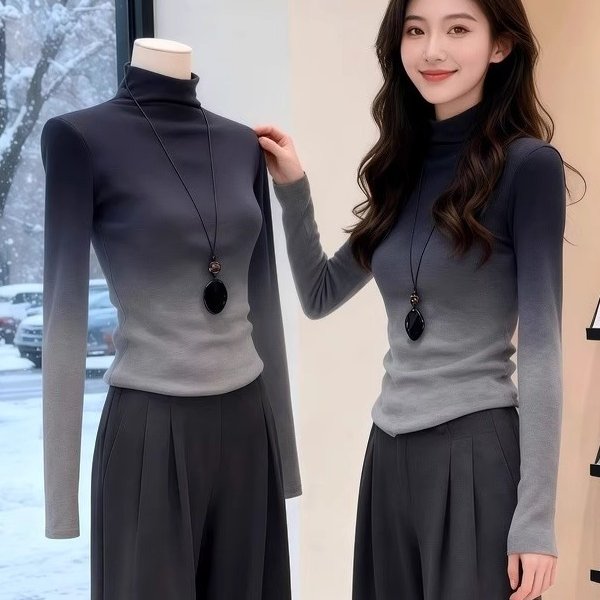 晕染渐变色堆堆高领针织衫女2025秋冬新款内搭打底衫修身显瘦上衣