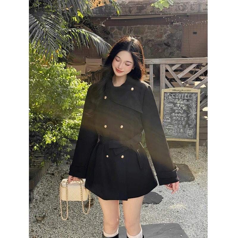 名媛黑色巨好看短款风衣女装网红爆款小个子韩系中长款毛