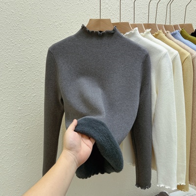 实拍一体绒半高领木耳边针织毛衣女冬加绒加厚保暖内搭打底衫上衣
