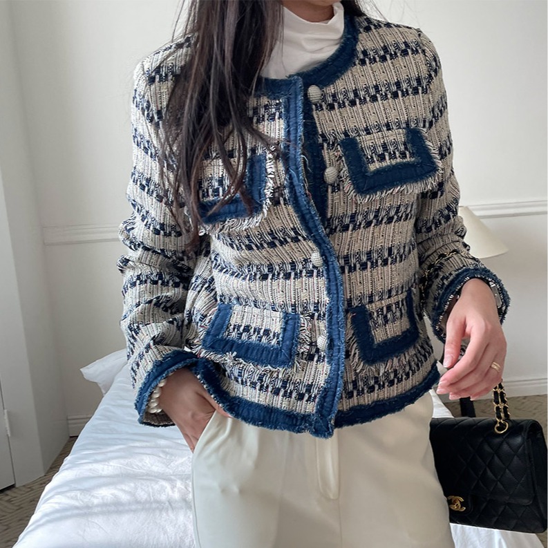 已出货 秋季牛仔拼接名媛气质高级感重工短款长袖夹克上衣外套女