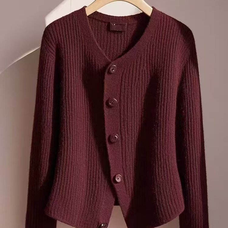 韩系气质名媛小香风上衣独特高级感超好看棕红色针织毛衣外套冬季