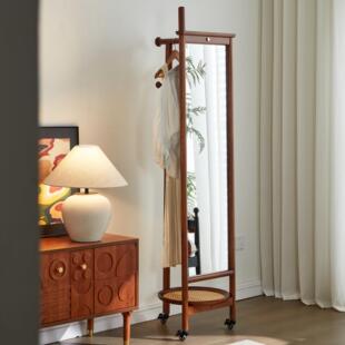 实木落地全身镜挂衣架一体家用卧室全身镜子高级感移动旋转全身镜