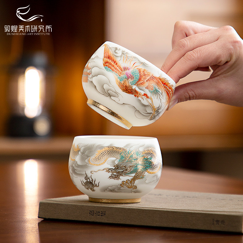 敦煌羊脂玉瓷金龙禅定杯主人杯茶杯礼盒龙凤对杯新婚礼品送长辈