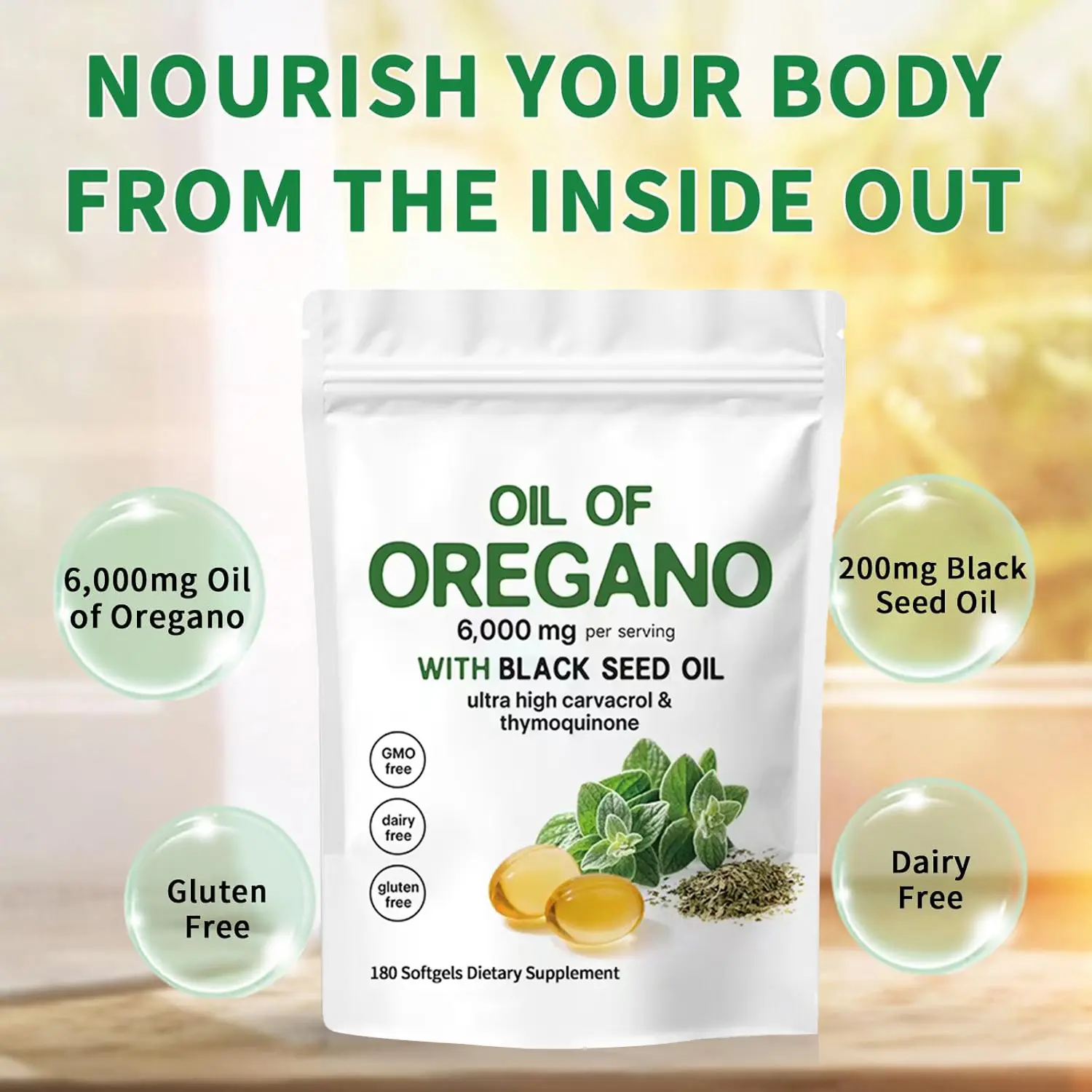外贸现货TKOregano Oil softgels牛至油软胶囊含黑籽油180粒