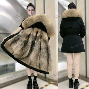 2025新款 皮毛一体皮草加厚外套冬 派克服女貉子毛内胆可拆卸中长款