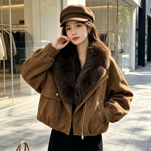 狐狸毛领麂皮鹅绒短款派克羽绒服