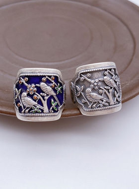 复古梅花喜鹊宽版开口调节戒指环