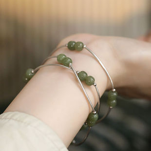 925银复古新中式和田玉弯管多圈弹力手串手链小众民族风高级感女