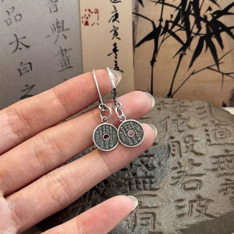 925银复古新中式山鬼圆牌耳环耳钩做旧民族风女士小众设计高级感