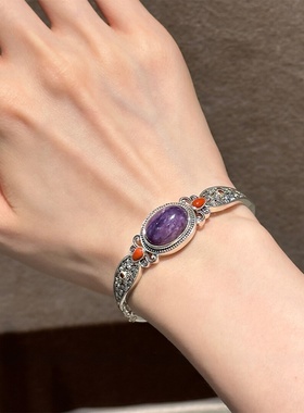 925银中式民族风紫龙石蛋面手镯