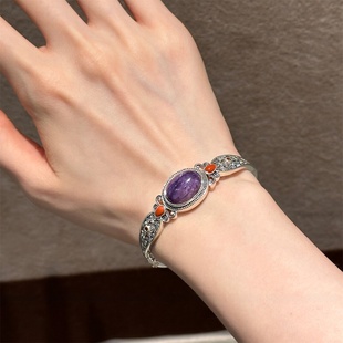 925银复古新中式民族风做旧紫龙石蛋面手镯子小众设计百搭高级感
