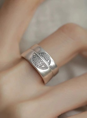 925银复古新中式双喜临门情侣对戒指环开口调节男女款简约高级感