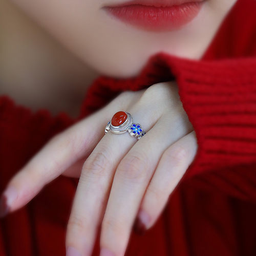 925银复古新中式珐琅景泰蓝花朵蛋面南红戒指环开口调节民族风女