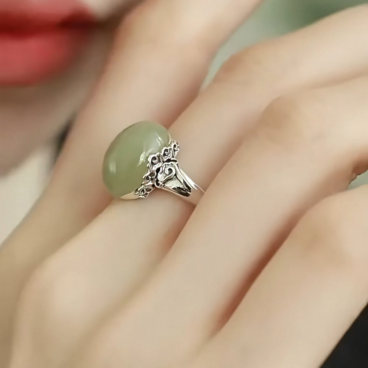925银复古新中式祥云和田玉蛋面鸽子蛋戒指环开口调节小众设计女