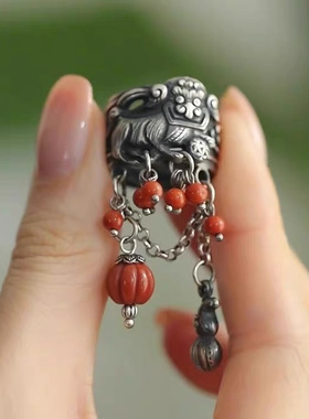 925银复古新中式醒狮绣球滴溜戒指环开口调节做旧民族风小众设计